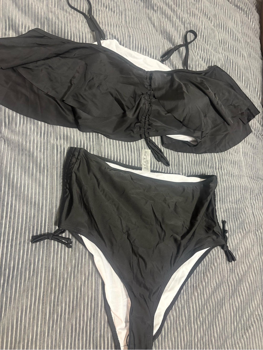SHEIN Black Flounce Bandeau Swim Top with High-Waist Tie-Side Bikini Bottoms